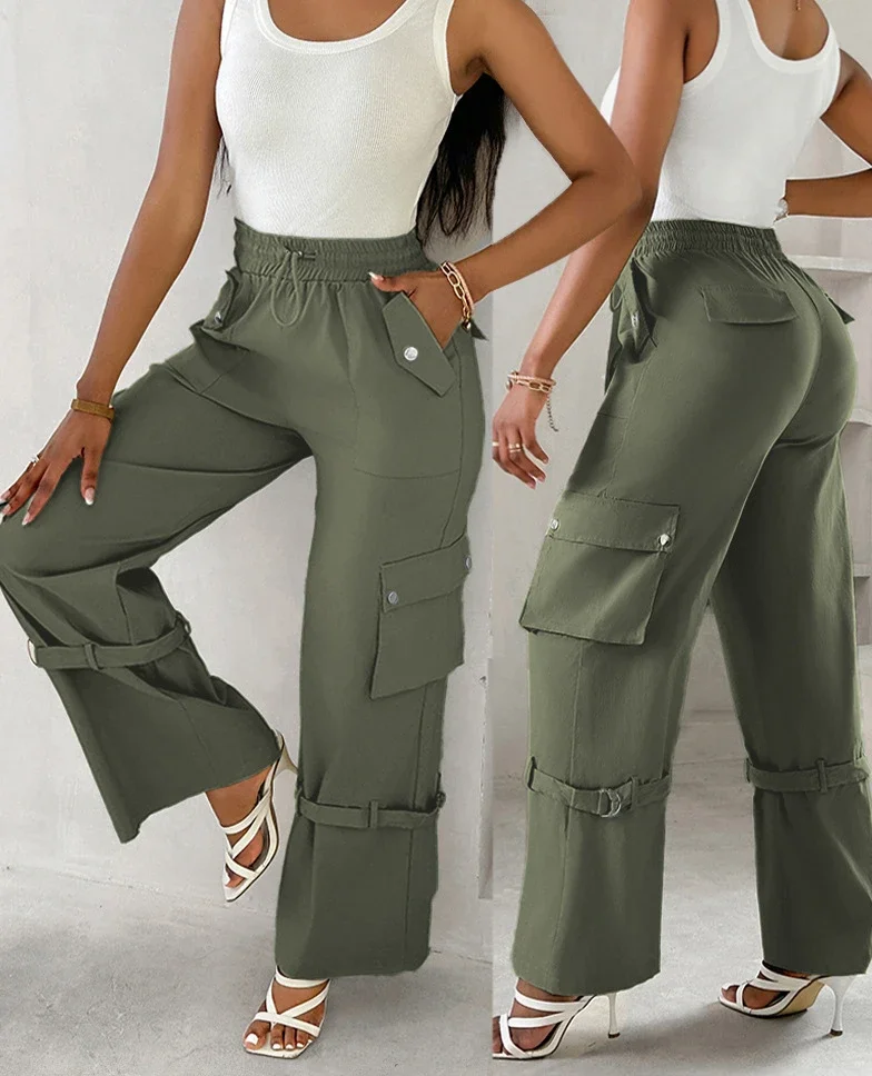 Long fjWomen's Casual Cargo Pants for Women, Snap Button, Buckled Proximity, Wstring, Temperament, CommConsulHigh Waist Fashion, Été 2024