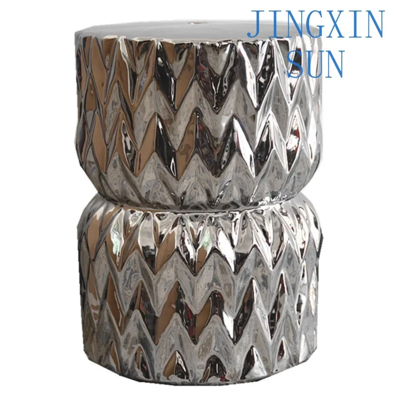 European Silver Ceramic Drum Porcelain Shoe Changing Stool for Bathroom Ottoman Pier Gzheng Footrest for Home Decor Living