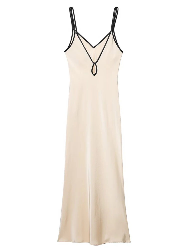 HH Elegant Silk Satin Slip Midi Dress For Women's Fashion Summer V-Neck Contrast Trim Spaghetti Strap Slim Fit Evening Long Dres view 6