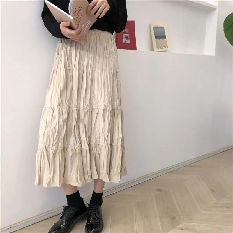 Korean Retro Pleated Loose Mid-length Skirt Women 2025 Winter Streetwear High Waist Solid Color Casual A-line Skirt