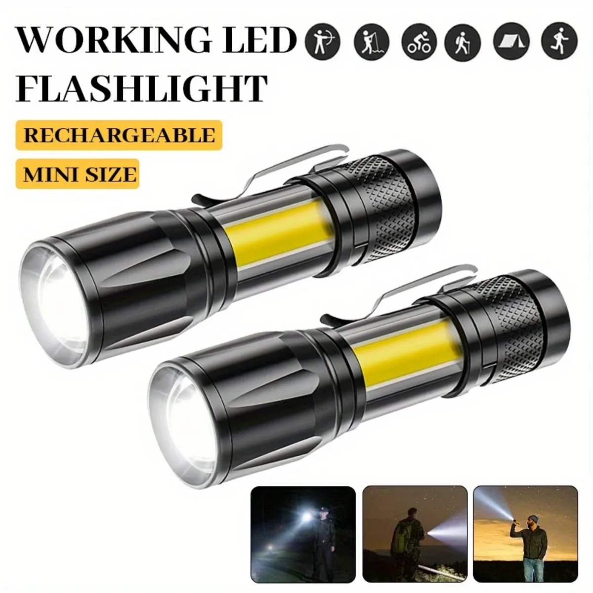 Strong Light LED Portable Flashlight COB Side Light Rechargeable Camping Torch Telescopic Zoom Tactical Lantern with Pen Clip