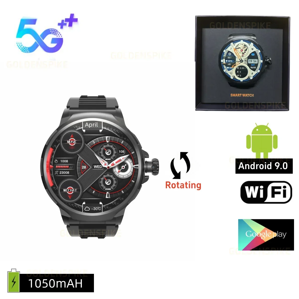 Android 9.0 4G Smart Watch 1.85 Inch TFT Large Screen 180° Telescopic Rotating Camera GPS WIFI 8+128GB Memory GT100 Smartwatch