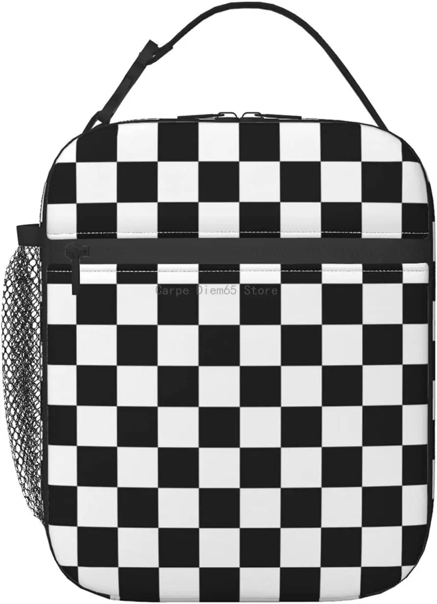 

Black White Race Checkered Flag Insulated Lunch Box Bag Portable Lunch Tote For Women Men And Kids