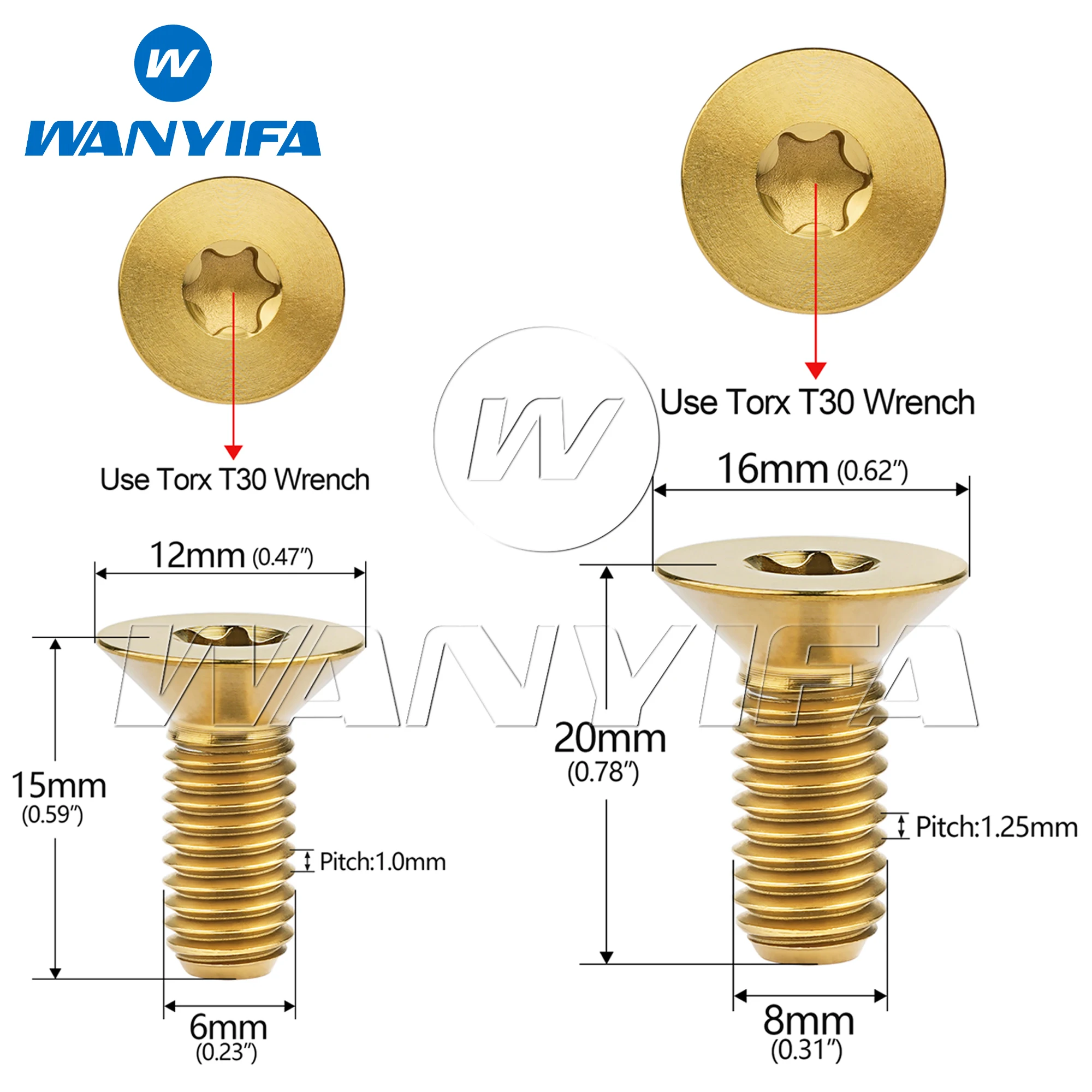 Wanyifa Titanium Bolts M6/M8x15 20mm Flat Countersunk Torx T30 Head Screws for Bicycle Motorcycle Car Modification Ti Fasteners