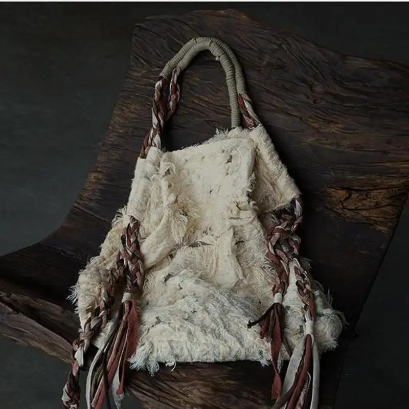

Luxury Brand Women's Bag Original Personality Fashion Trend High-end Sense Woven Tassel Handle Worn-out Retro Style Shoulder Bag