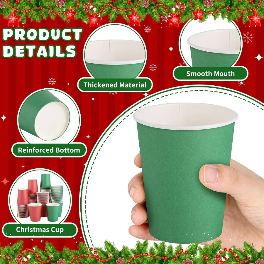 100 Pack Red Green Paper Cups 9oz Christmas Party Cups Bulk Paper Cups Disposable Drinking Cups for Birthday Holiday Christmas