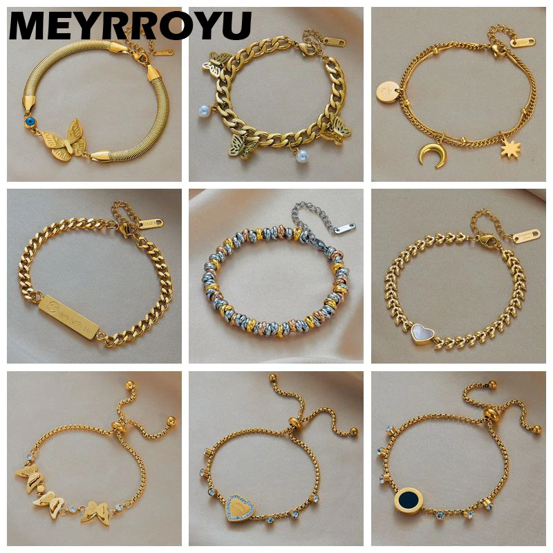 MEYRROYU 316 Stainless Steel Vintage Gold Color Metal Pull Charm Adjustable Bracelet for Women Wedding Jewelry Beach брелок