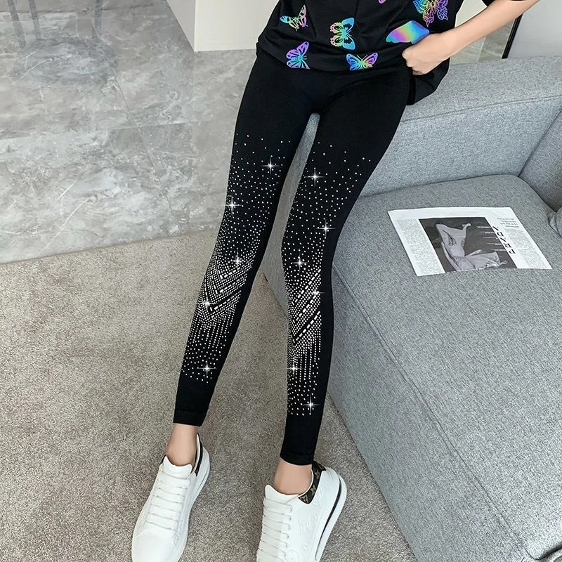 Autumn Winter Sequin Black Party Club Leggings Pants Women Diamonds High Elastic Skinny Warm Trousers