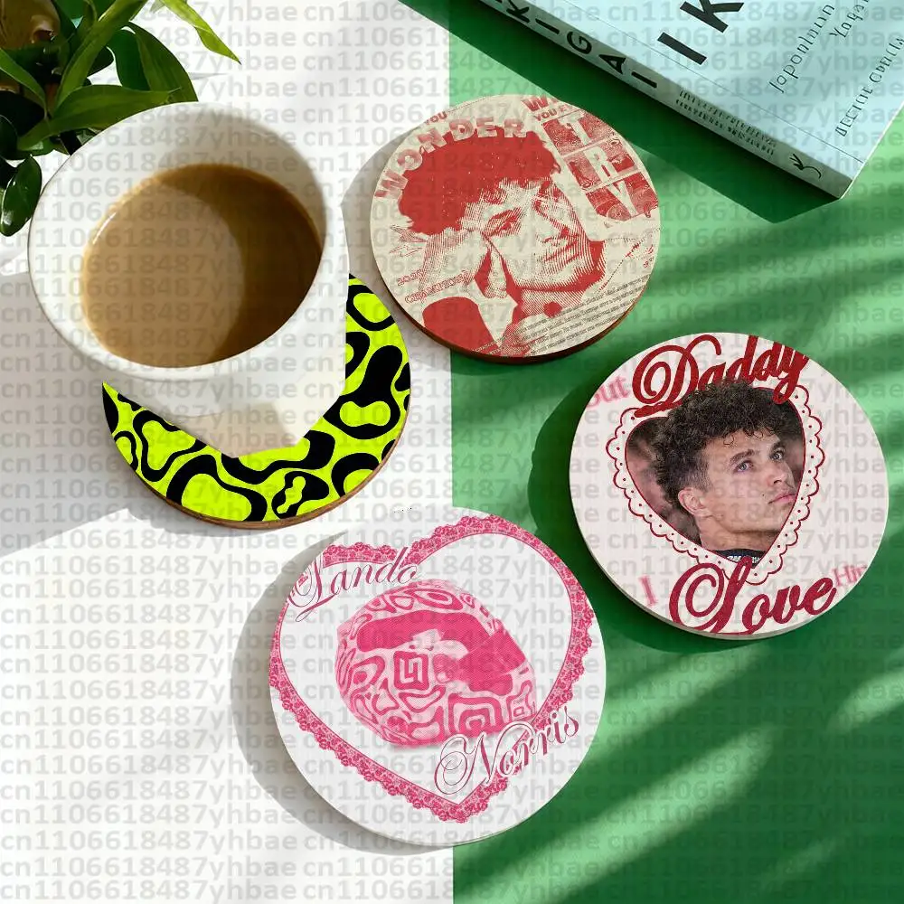 F1 L-Lando Helmet Pattern Norris Pattern Art Coasters Round Wooden Heat Resistant Non-Slip Home Decor Gift Multifunctional