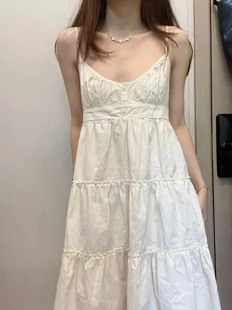 Y2K Casual Women White Front Buttons Lace Spliced Sling Dress 2024 Summer Vintage Square Collar Sleeveless Female Chic Bottoms