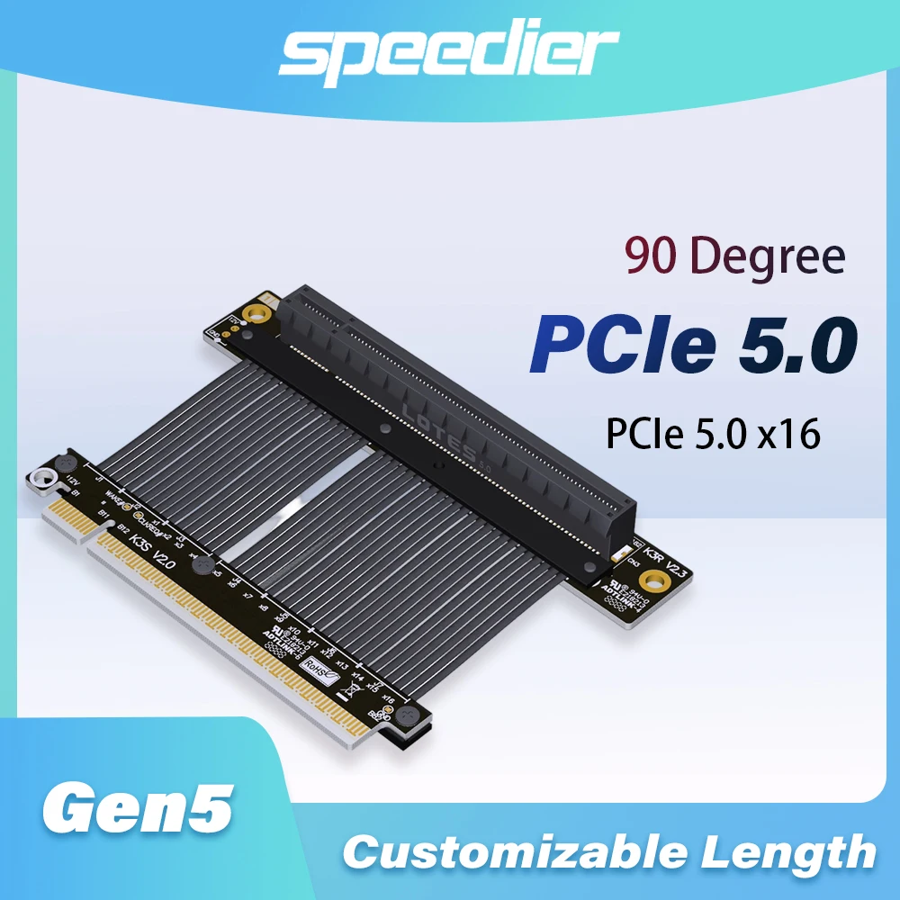 PCIe 5.0 X16 Extension Riser Cable 90 degrees High Speed Dwarf Style for NVIDIA RTX50 AMD RX90xx GPU ATX Chassis Graphics Card