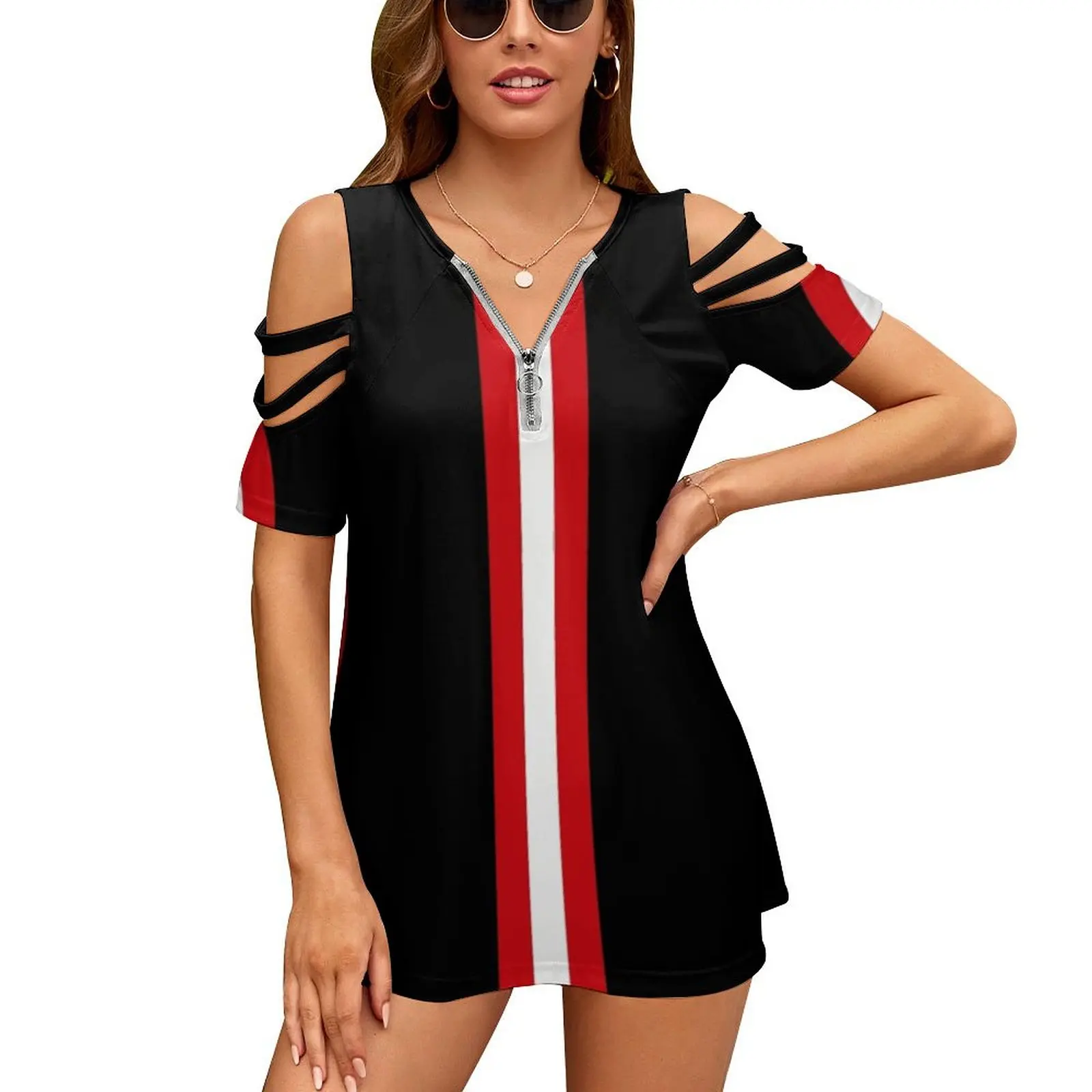 Sixties Mod Red , Black And White Women Zipper Various styles Printed T Shirts Tops Full Print T-Shirt Spots Stripes Retro