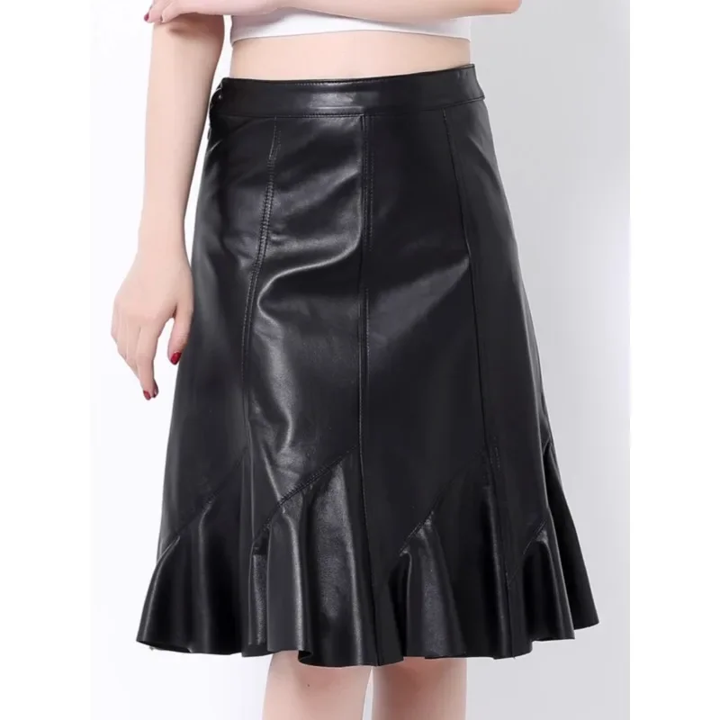 Ruffled A-line Leather Skirts Womens 2025 Female High Waist High Quality Genuine Leather Midi Faldas Mujer Big Size Black