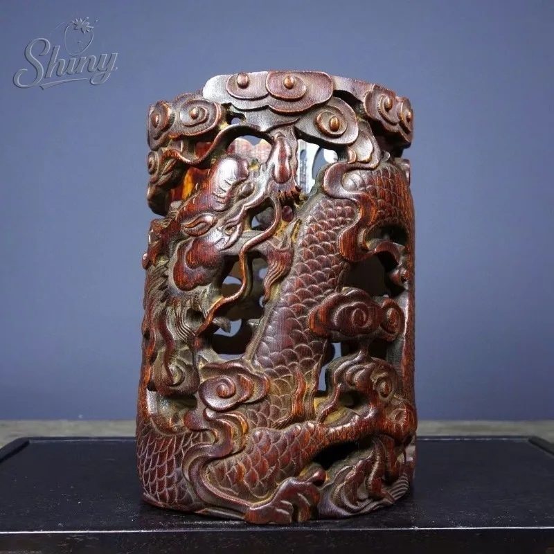 

Vintage Wood Carving Openwork Dragon Phoenix Pen Holder Desktop Organiser Office Desk Accessory for Office Desk School