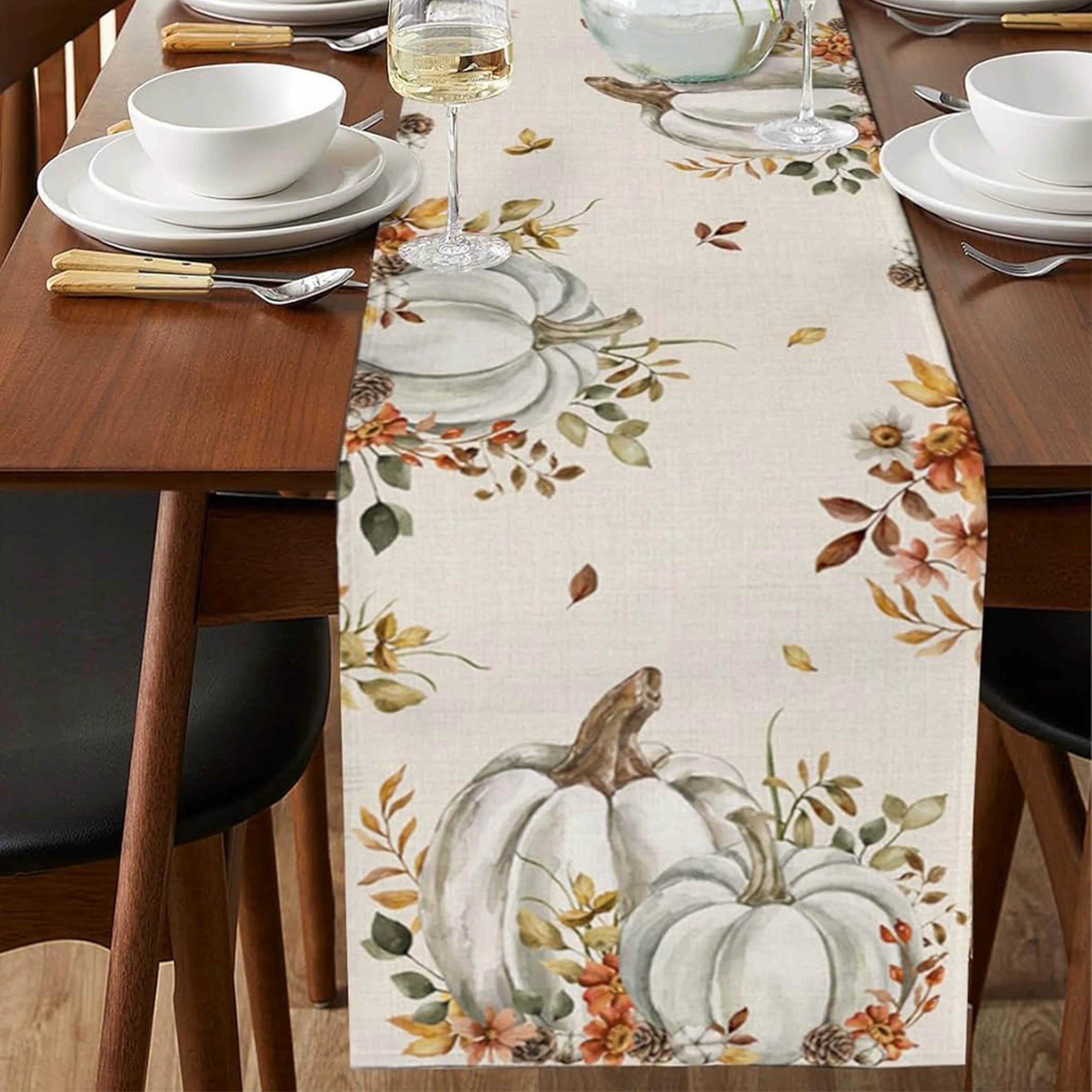 1 Piece of Autumn Pastoral Table Runner, Off-White Background Painted Watercolor White Pumpkin, Flower and Leaf, Suitable for Restaurant, Home, Harvest Dinner, Pastoral Style Decoration.