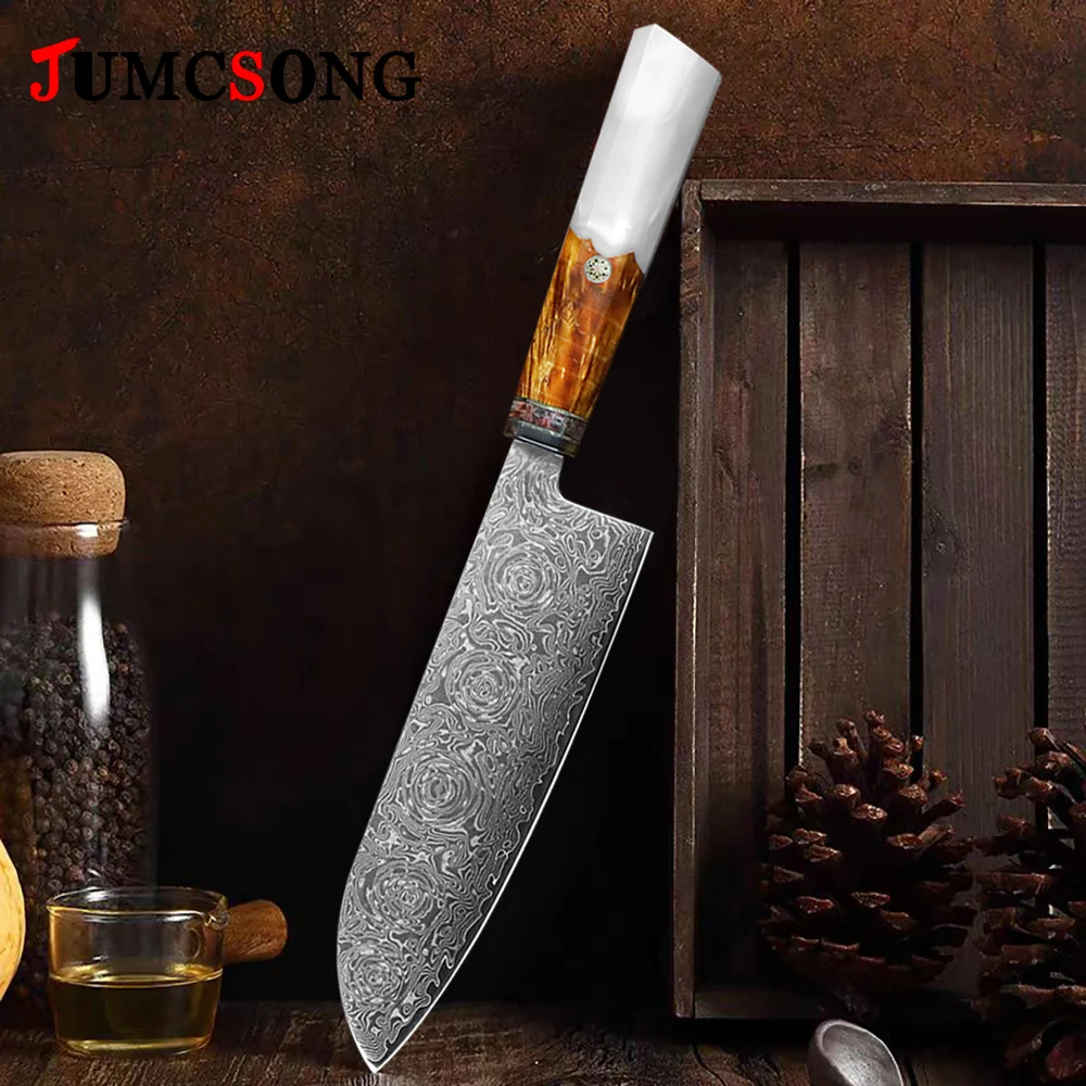 JUMCSONG67 Damascus Chef Knife 8-inch Professional Japanese Santoku Knife Resin Handle Slicing Knife Exclusive Gift Knife