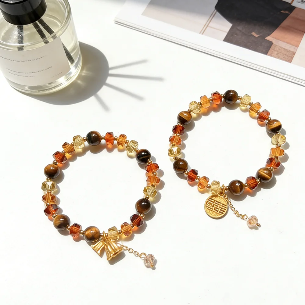 

Natural Tiger Eye Stone Beaded Bracelet for Women Sparkling Crystal Lucky Charm & Flower Pendant Stretch Bangle Fashion Jewelry