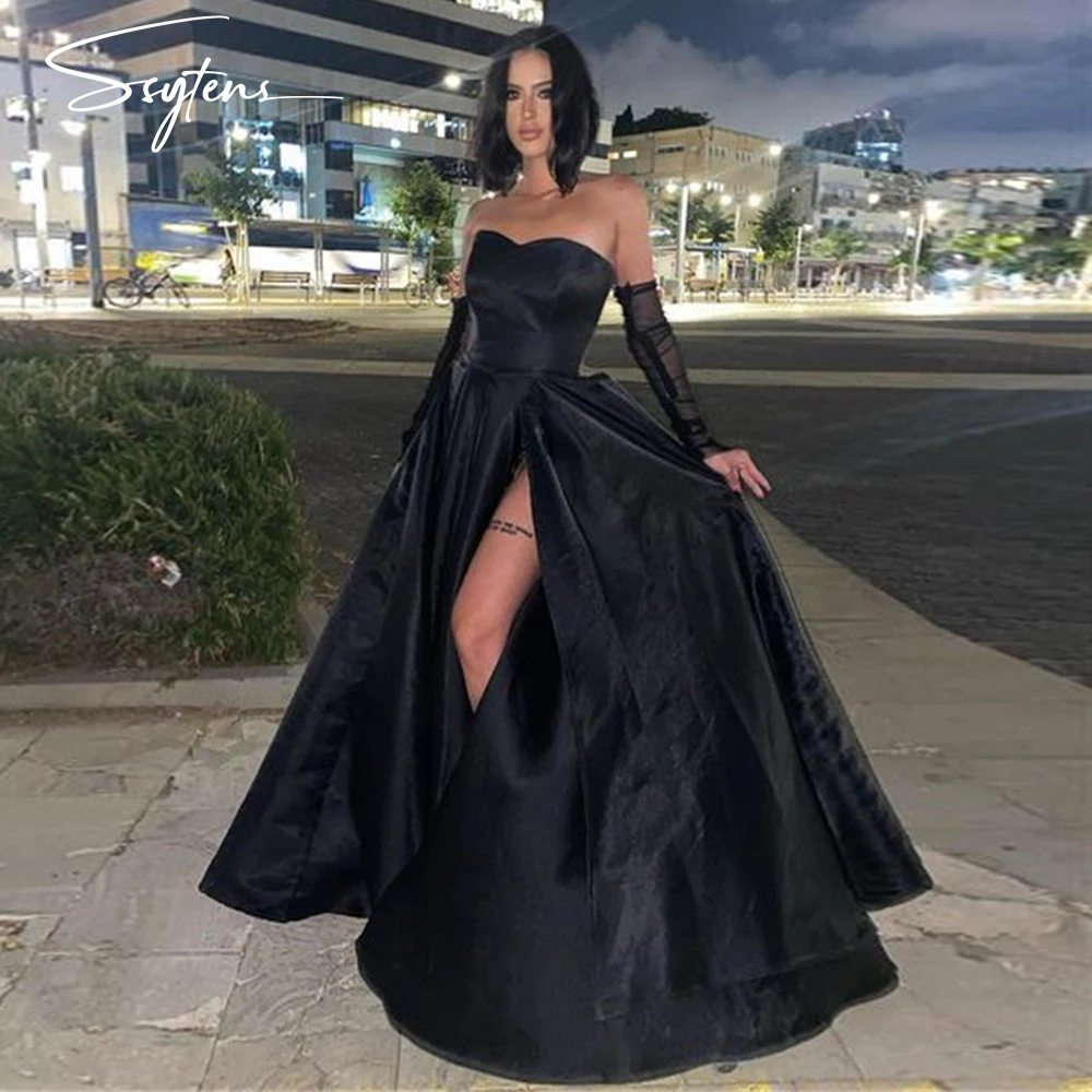 

Sexy Satin Long A Line Prom Dress Black Strapless Side Slit Party Evening Gown Dresses Celebrity Israel Cocktail Robe De Mariée