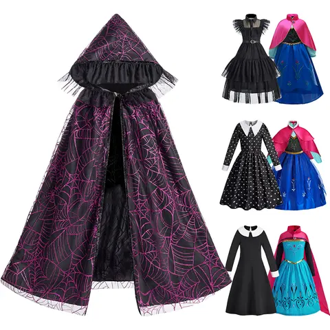Enfants Addams Halloween Costumes Enfant Sorcière Cape Filles Elsa Princesse Robes De Fête D'anniversaire De Noël Mercredi Cosplay Vêtements