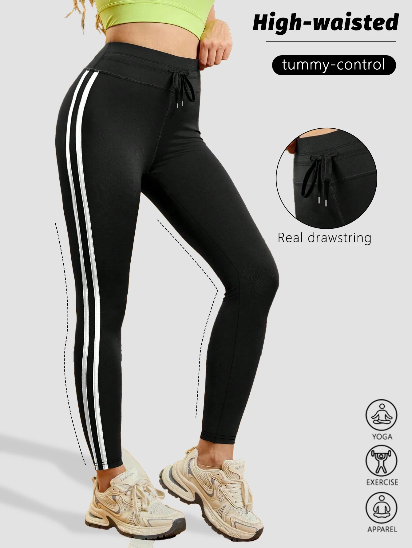 

Women's Super Soft Leggings With White Striped High Waist Slim Fit Booty Lifting Stretch breathable Workout Running Tight Pants