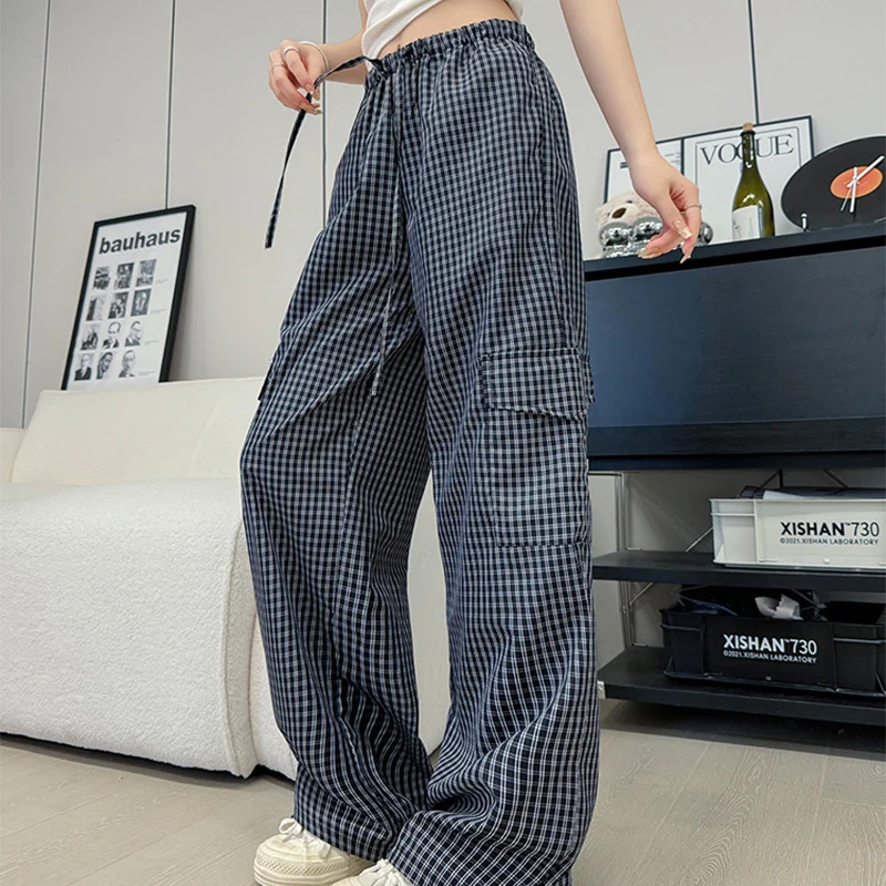 

Темно-синие брюки в клетку, женские весенне-осенние брюки на шнуровке с высокой талией для женщин, уличная одежда, свободные широкие брюки, женские