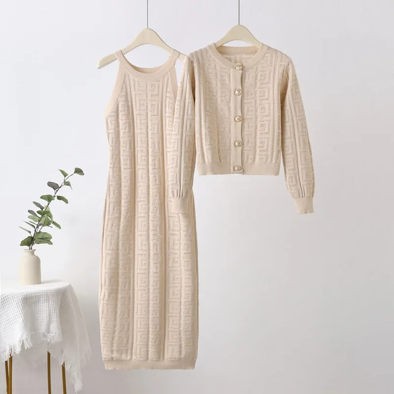 2024 Spring and Autumn High End Small Fragrant Knitted Set for Women Slimming and Aging Reduction Coat Strap Dress Two Piece Set