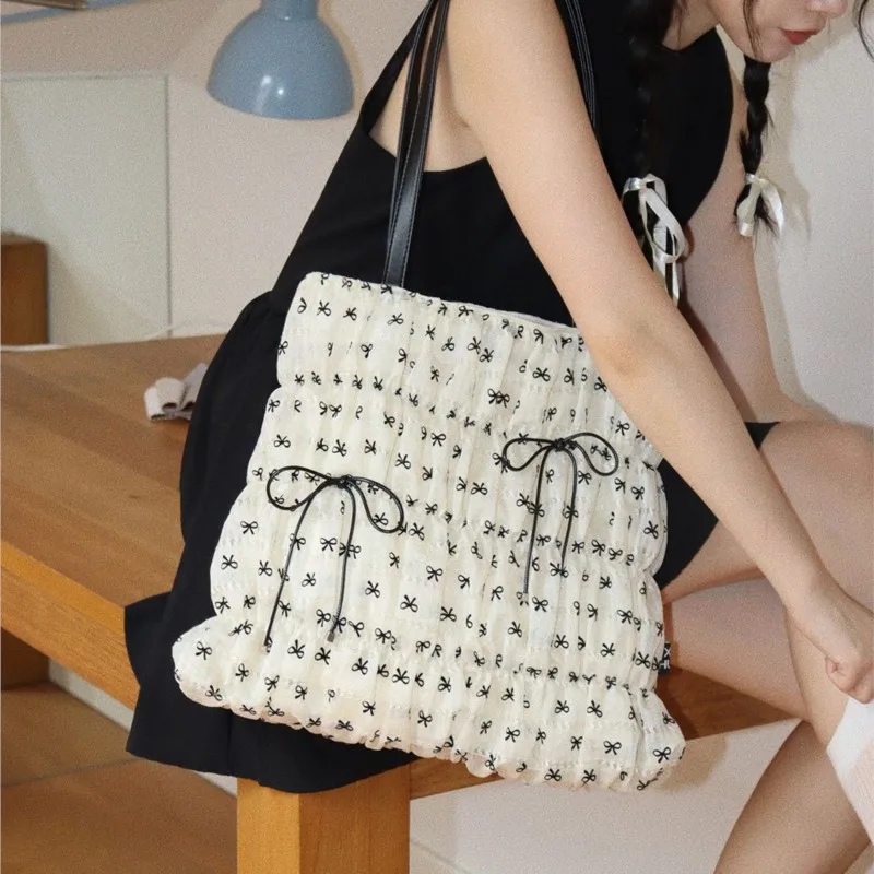 

JIAERDI Beige Sweet Cute Bow Tote Bag Women Print Wrinkle Large Capacity Shoulder Bag Ladies Harajuku Y2k Aesthetic Underarm Bag