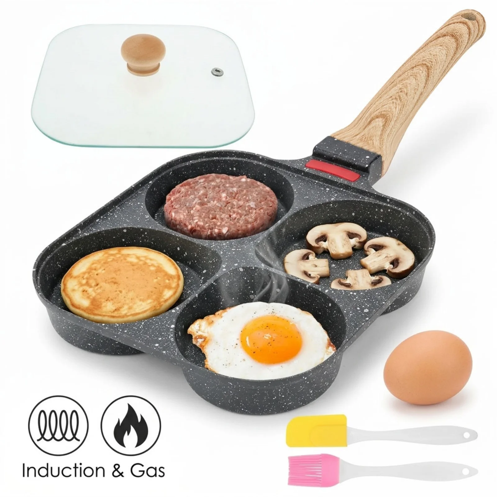 4 Hole Frying Pan Nonstick Egg Frying Pans Rapid and Even Heat Conduction Egg Skillet with Oil Brush and Spatula for Breakfast