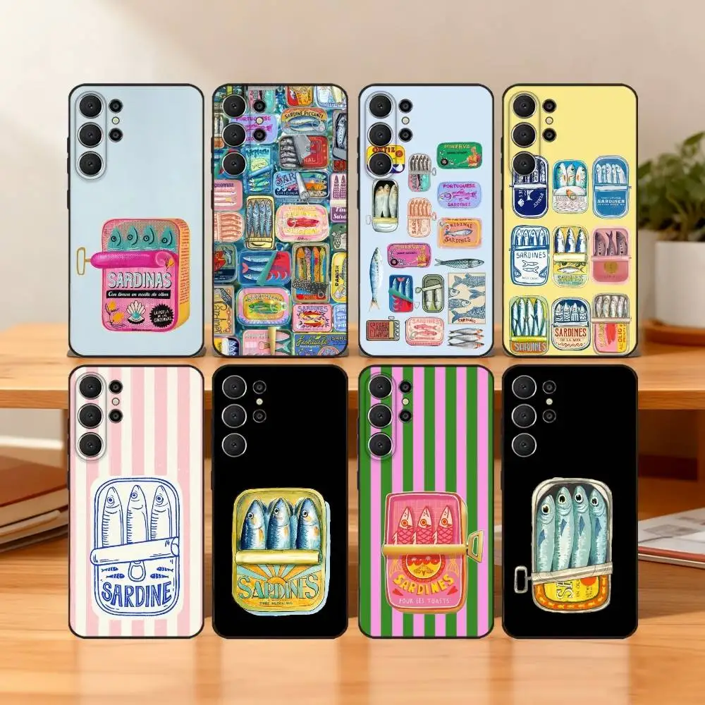 

Vintage Canned Sardines Phone Case For Samsung S25,S24,S21,S22,S23,S30,Ultra,S20,FE,Lite,10,9,Black Cover