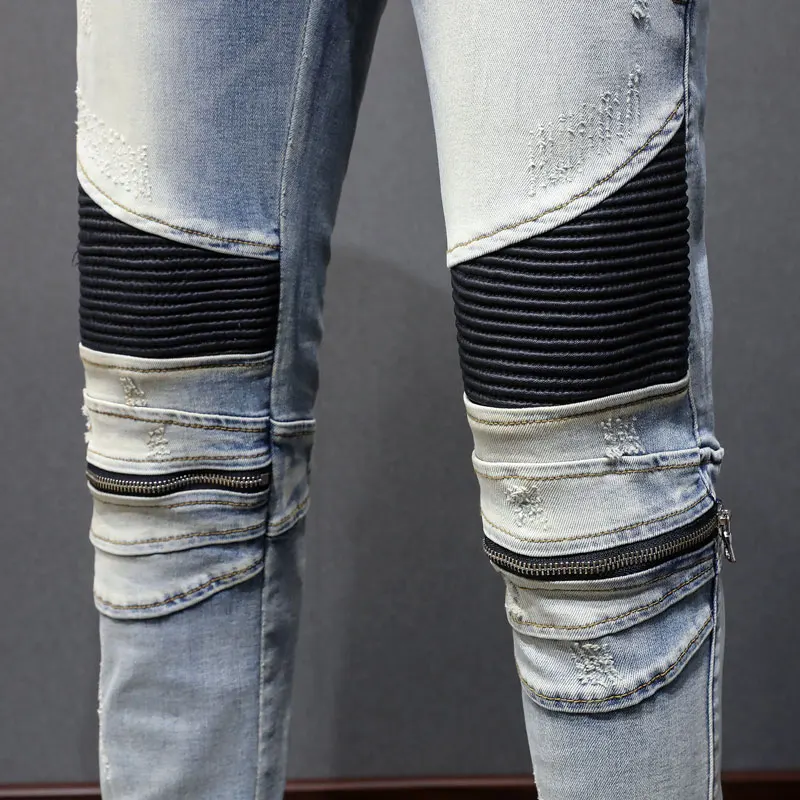 Y2K Designer Fashion New Men's Jeans Zipper Decoration Water Washed Nostalgic Stretch Slim Fit Retro Light Blue Jeans High Stree