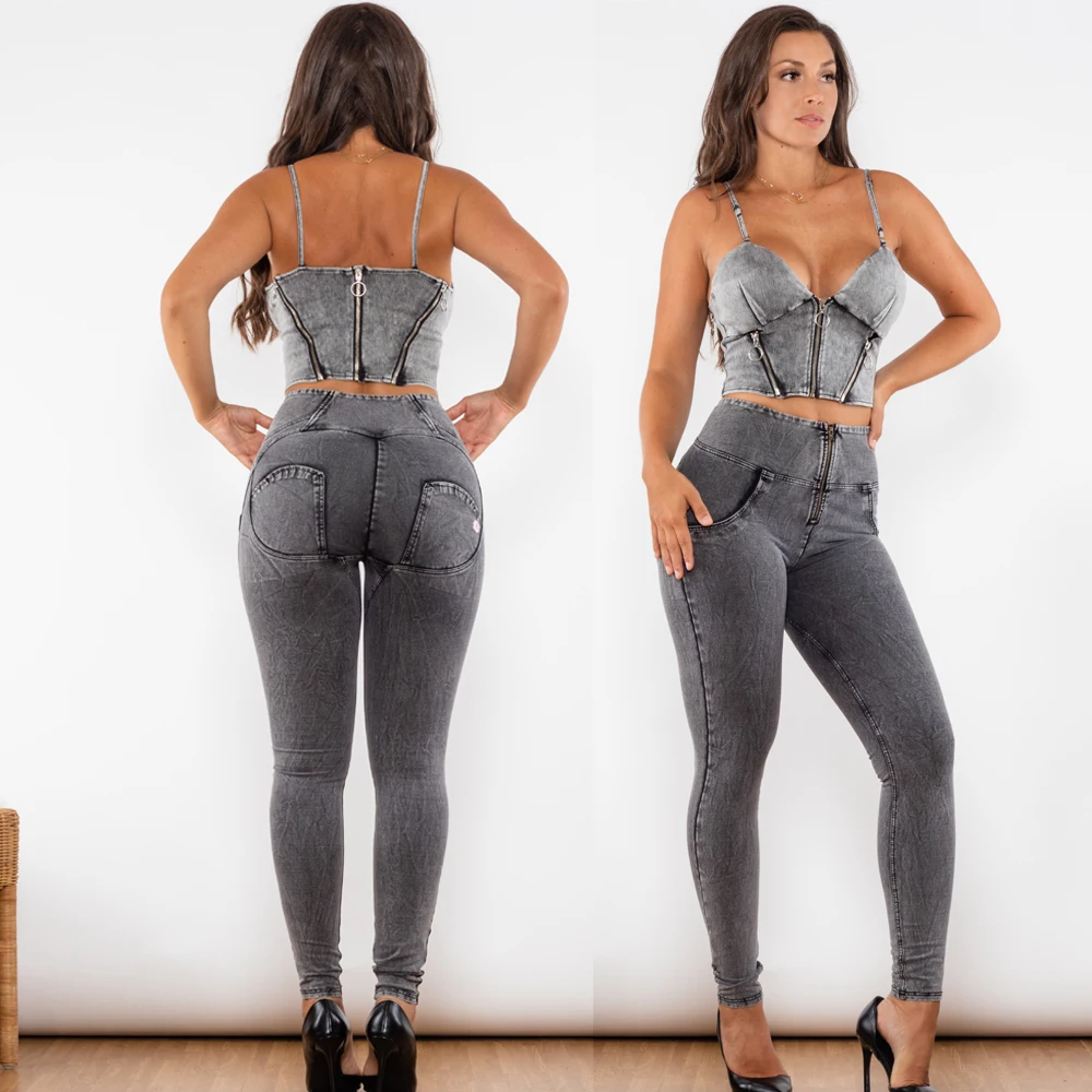 Shascullfites Melody Denim Zipper Shapers Butt Lift Push Up Leggings Grey Yoga Women Sportwear Set Woman 2 Pieces Dance Clothes