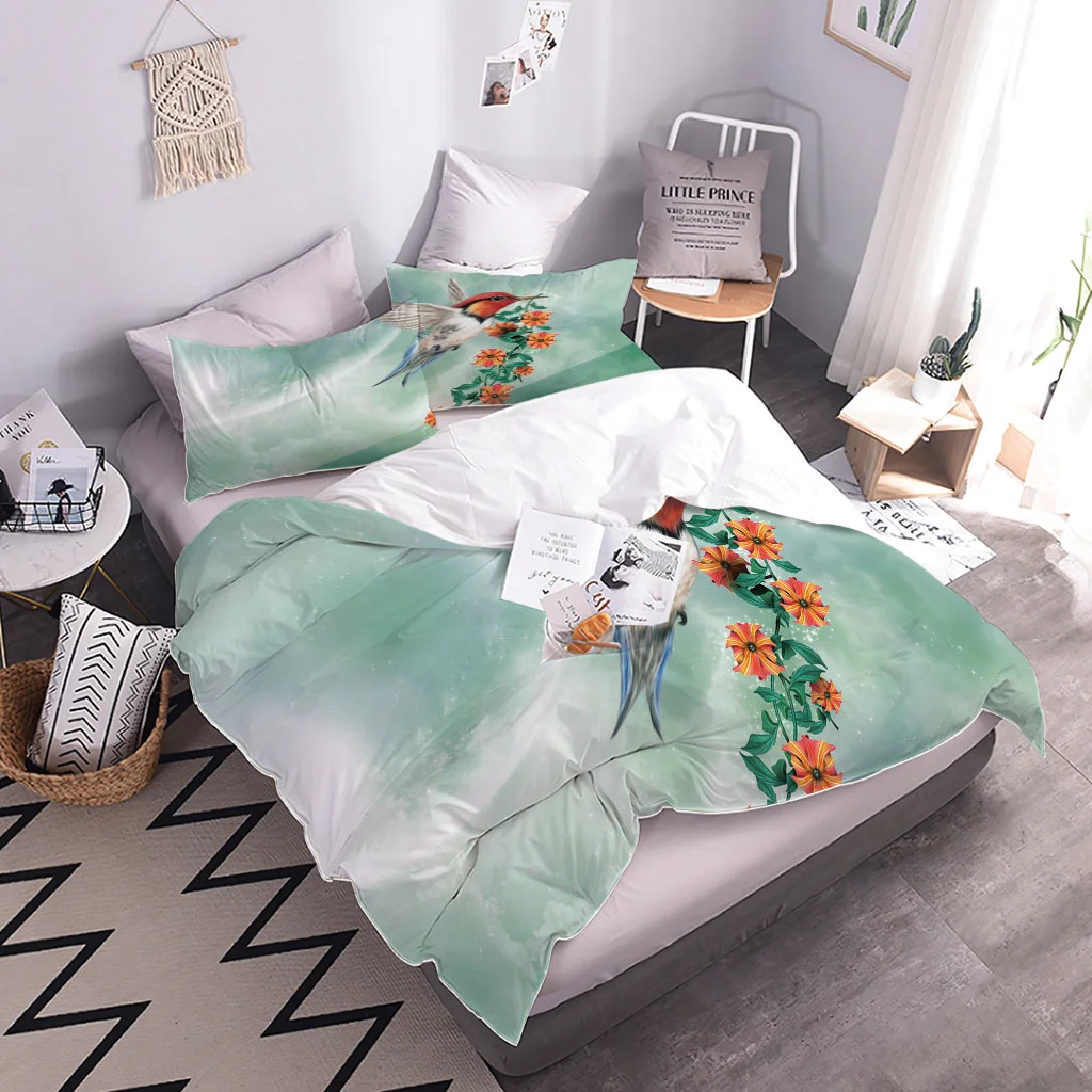 HUANZHUANG Super King Size Duvet Cover Sets 3D Red Flower Bird Printed Bedding Quilt Cover Set 2 Pillowcases Inch Luxury