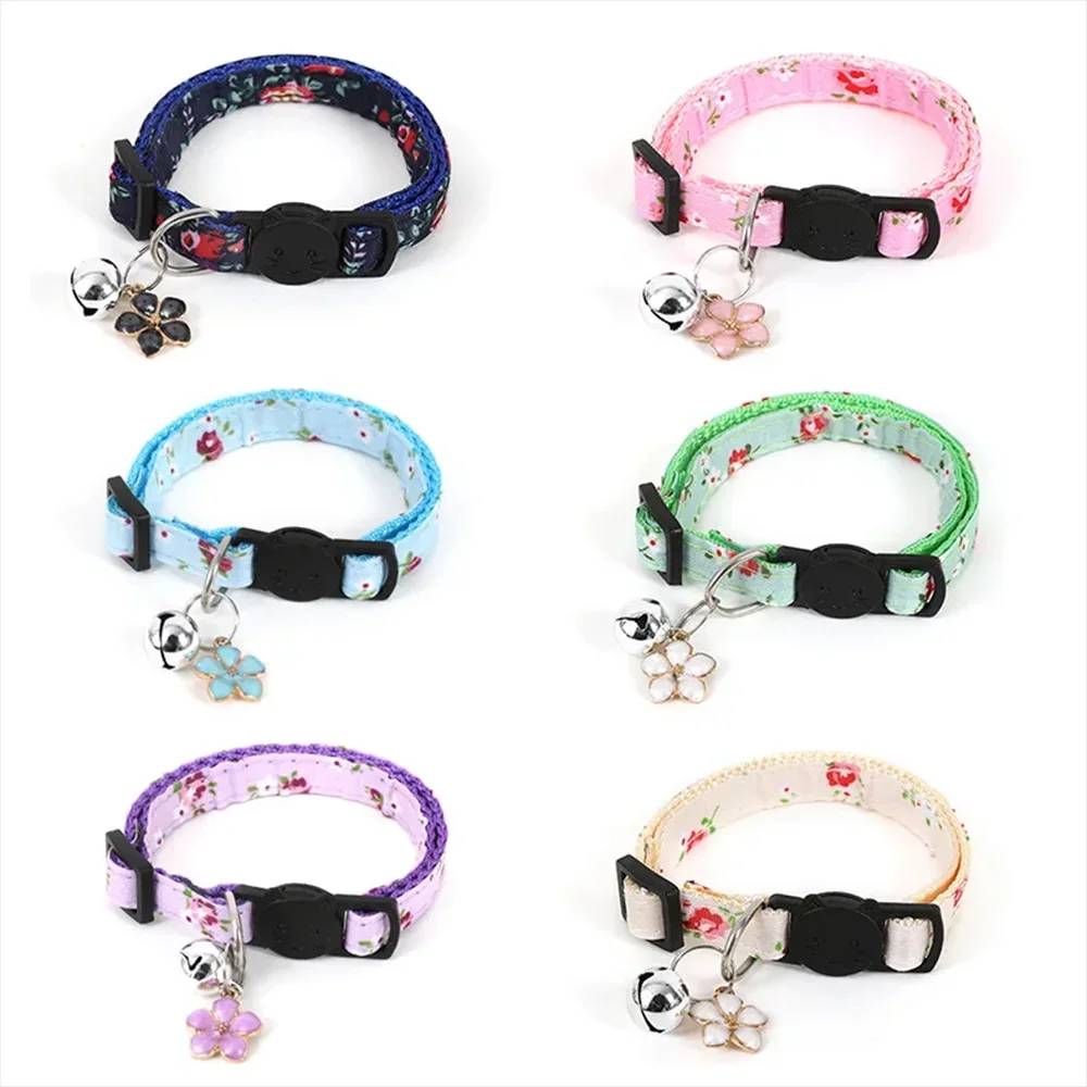 Adjustable Cat Collar with Flower and Bells Embellished Pet Collar Colorful Plaid Jacquard Pattern for Cat and Puppy Dog Collars