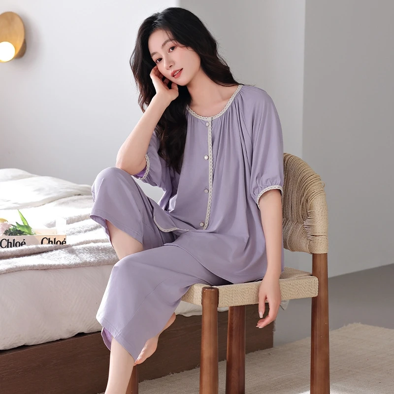 Modal Sleepwear Women's Summer Cotton Silk Short Sleeve 7 Pants 2026 New Large Size Ladies Set Home Wear