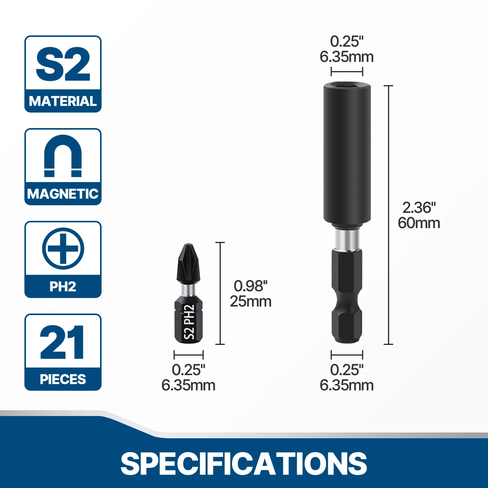Brocas de fenda de impacto Vearter com suporte magnético, compatível com Dewalt, Milwaukee Bosch e Makita, S2, PH2