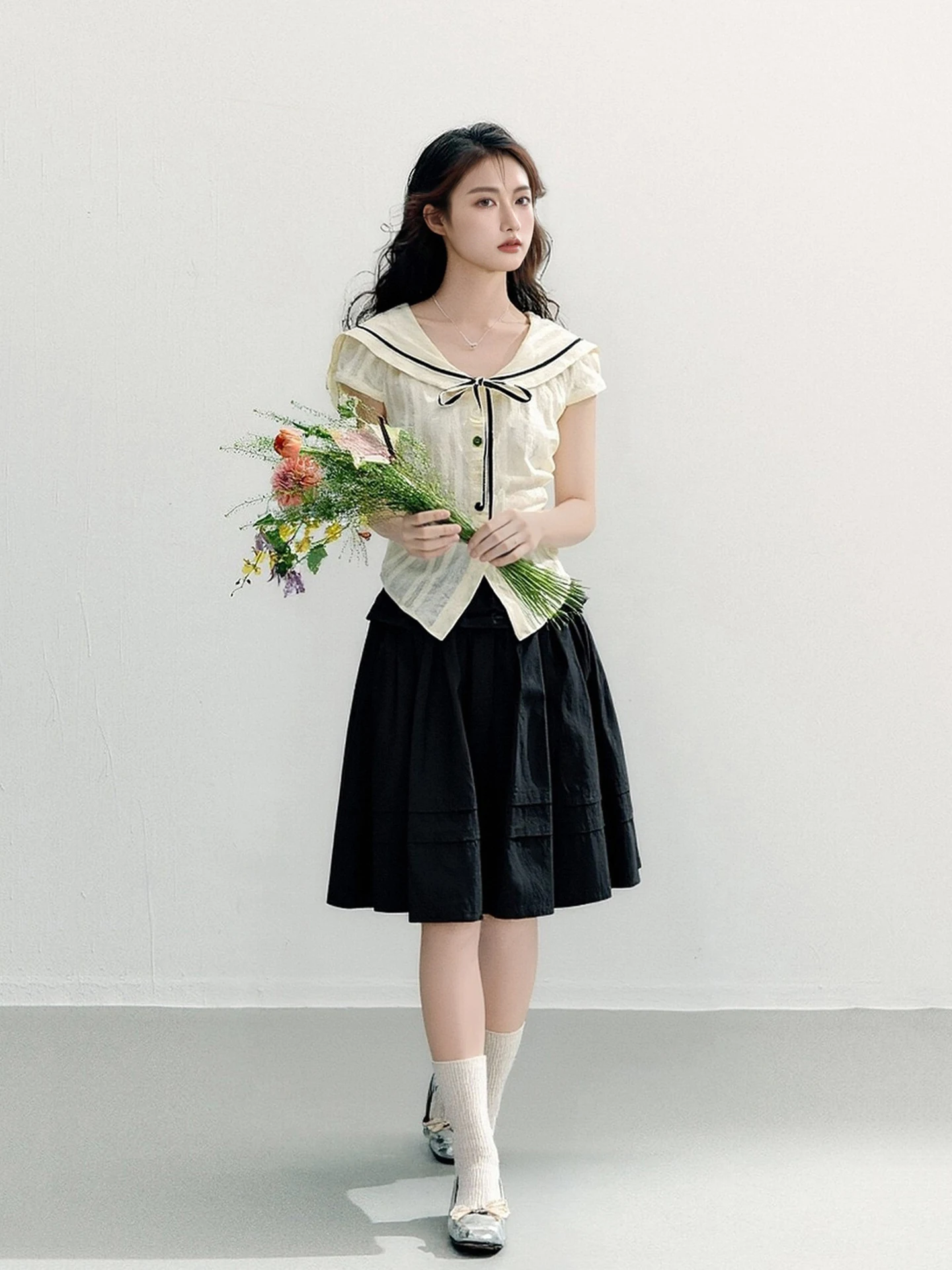 Nautical Girl Summer Preppy Style Shirt And A-Line  Skirt Two-Piece Set Short Sleeve Waist-Cinched Navy Collar Outfit