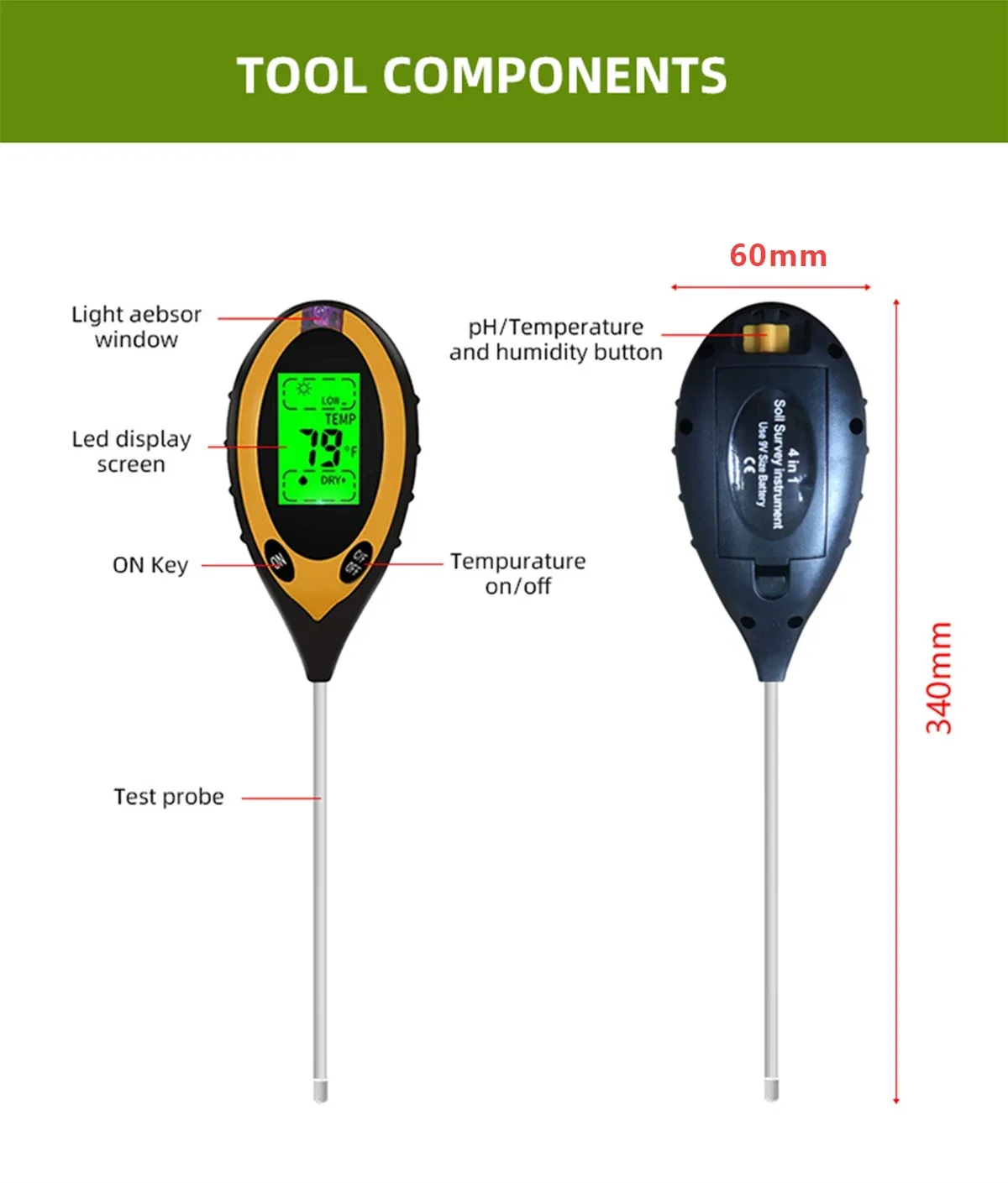 Soil pH Tester, 3/4 in 1 PH Light Moisture Acidity Tester Soil Tester Moisture Meter Plant Soil Tester Kit for Flowers