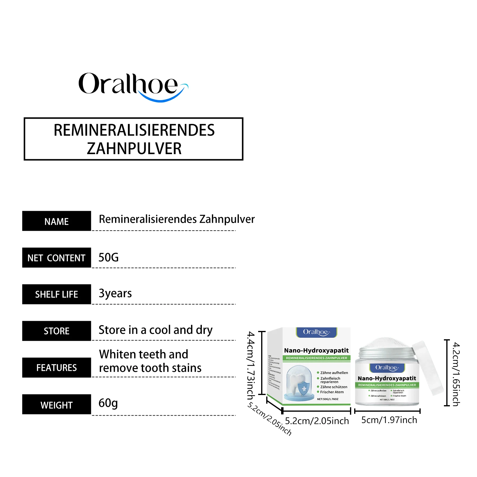 Polvo Dental Oralhoe con Nano Hidroxiapatita para Blanqueamiento Dental, Cuidado de las Encías, Remineralización, Frescu
