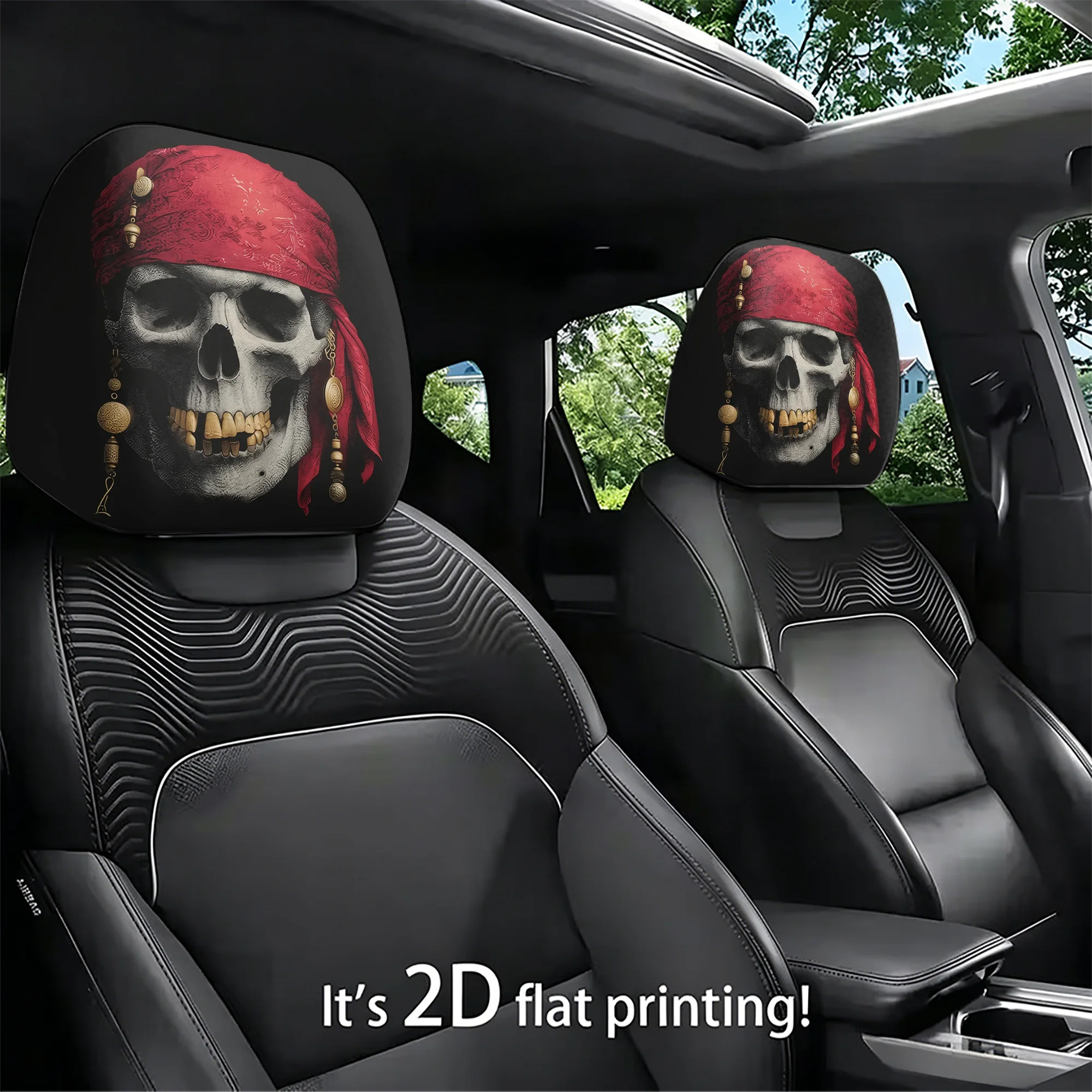 2pcs pirate skull-patterned car headrest covers to give your car a bold, unique look. Filling not included. Easy to install.