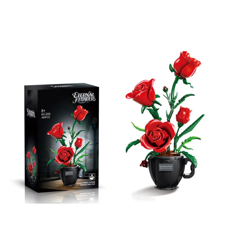 Gesimuleerde Koffiekopje Rose Model Bouwstenen Set Gemonteerd Plant Pot Boeket Ornament Bloem Speelgoed MOC Bricks DIY Meisje Geschenken