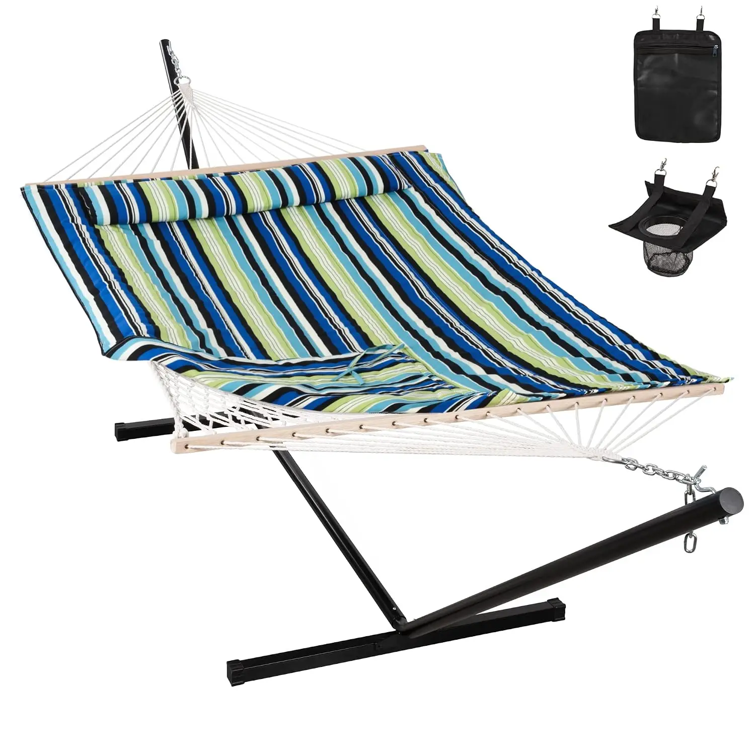 Heavy Duty Rope Hammock with 12FT Stand, Double Size with Pad Pillow Cup Holder, 450 Lbs, Indoor Outdoor, Customized