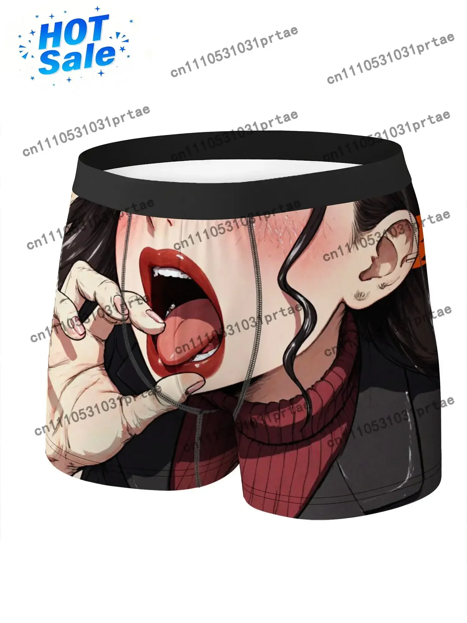 Calzoncillos bóxer estilo anime/manga para hombre con arte de rostro y mano de mujer, mejillas rojas y uñas rosas, cuello alto a cuadros, color negro.