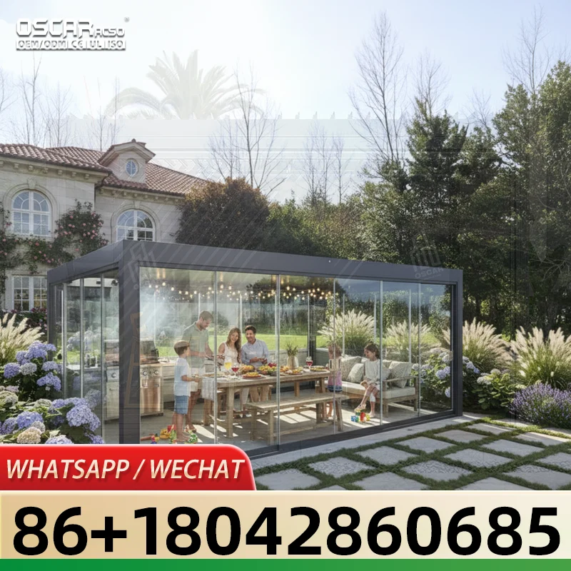 Outdoor Bioclimatic Waterproof UV Block Motorized Louvered Aluminum Pergola Sliding Glass Zip Screen for Patio Garden Backyard p