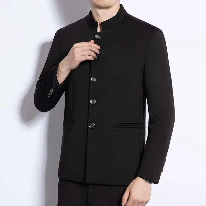 Men Chinese Style Zhongshan Suit Set Slim Fit Stand Collar Blazer Pants Two Piece Outfit For Autumn Youth
