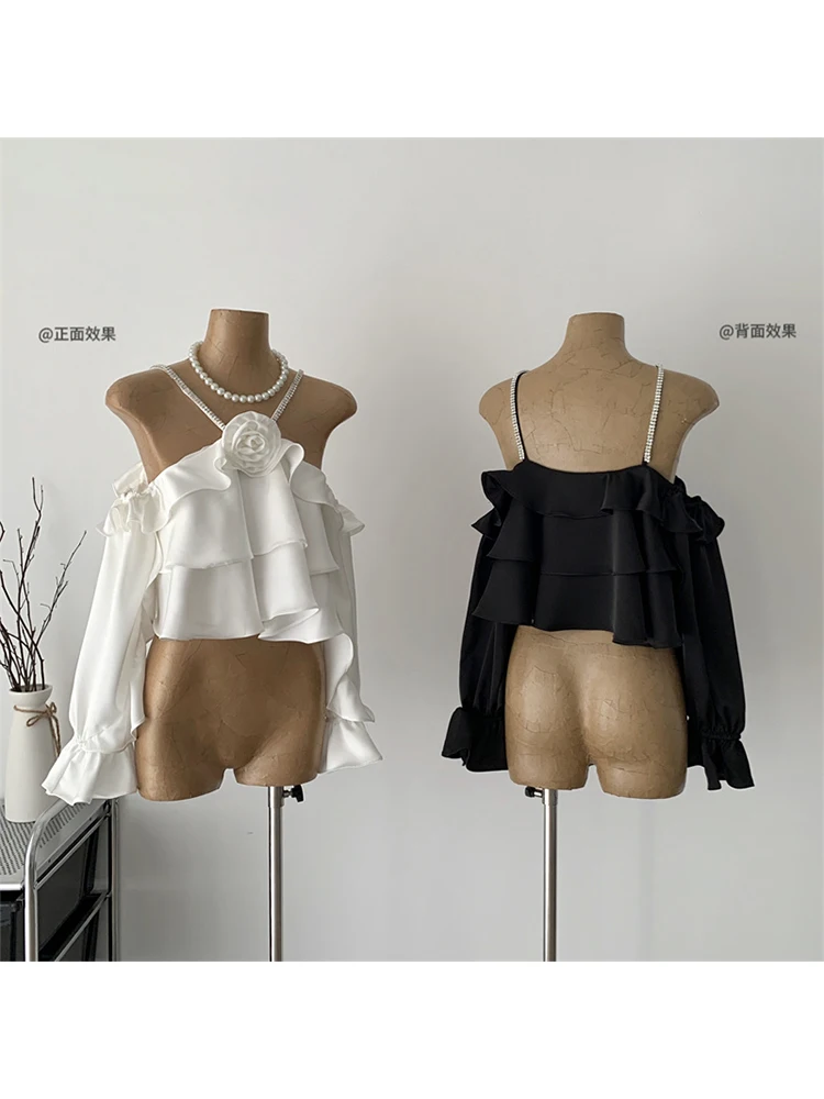 Woman Kpop Camisole Gyaru Tank Top High Street Halter Top Y2k Tube Top Sexy Hot Tide Elegant Draped Patchwork Long Sleeve