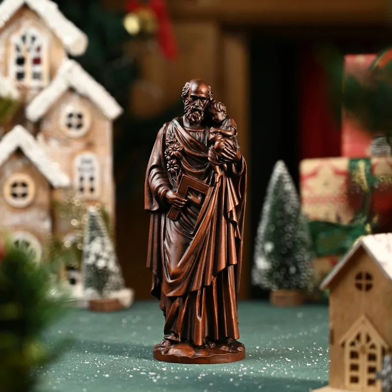 St Joseph Statue Holding Baby Jesus Wood‑Carved Look Figurine Catholic Religious Ornament Desktop Home Altar Decor Christian Chr