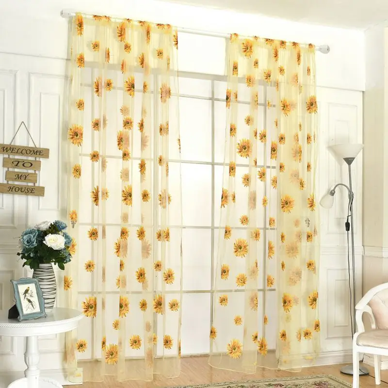 Sunflower Tulle Curtains Yellow Floral Tulle Curtains Curtain Fabric Decorative Living Room Through Rod Light Translucent Curtai