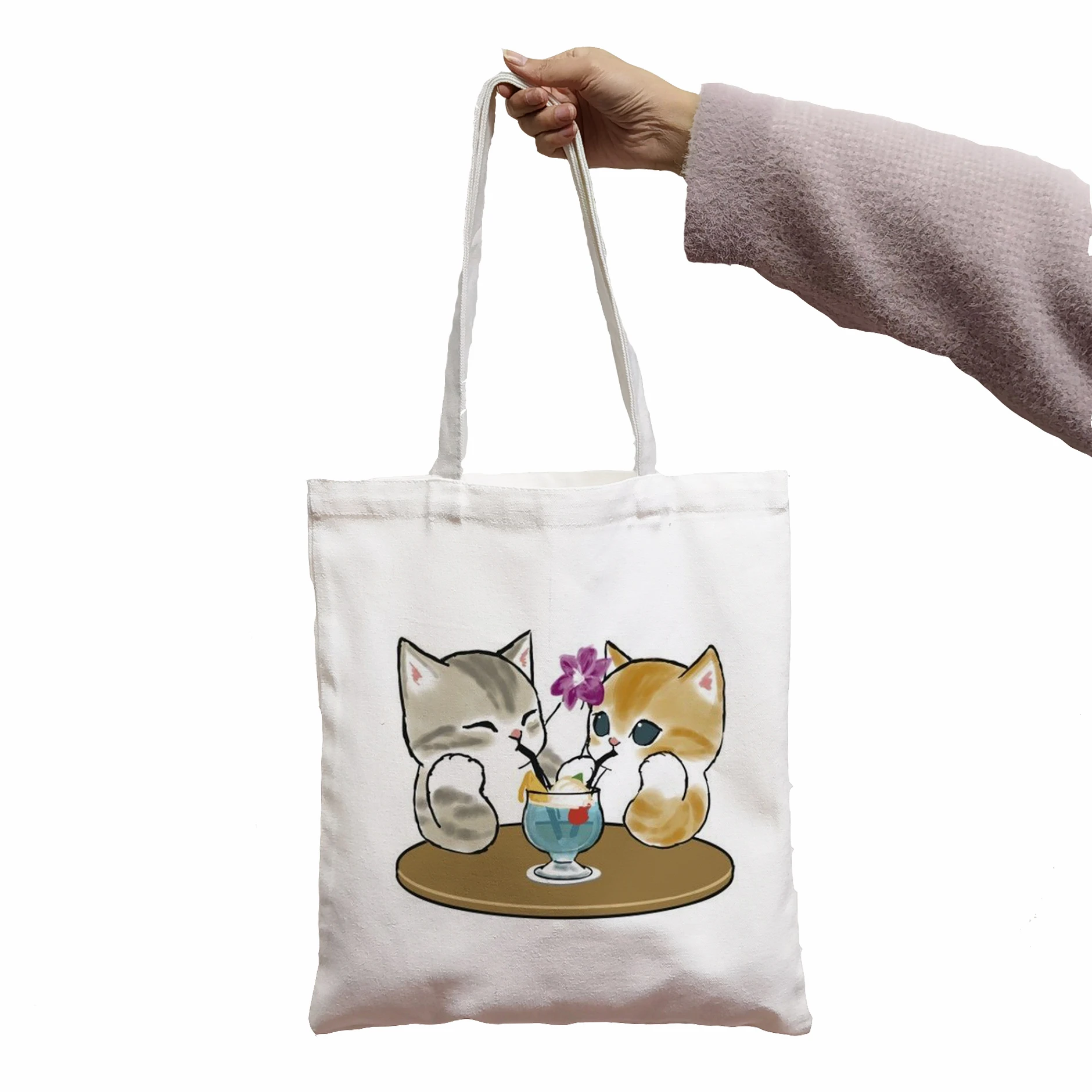 Women Shoulder Canvas Bag Cute Cat Print Female  Reuseable Shopping Totebags Student School Bookbags