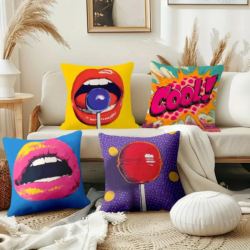 2D Flat Pop Art Throw Pillow Covers Retro Comic Lips Lollipop Cool Graphic Decorative Cushion Cases for Home Bed No Pillow Core