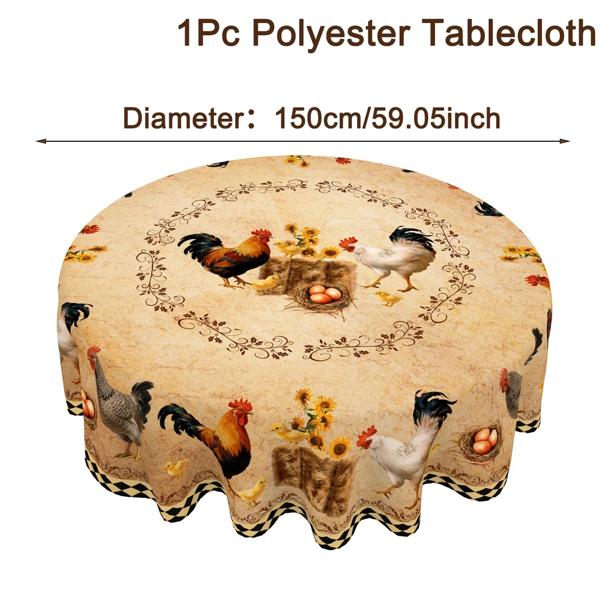 Round Rooster Tablecloth 150cm Polyester Rustic Animal Print Table Cloth Farmhouse Chicken Table Cover for Kitchen Dining Decor
